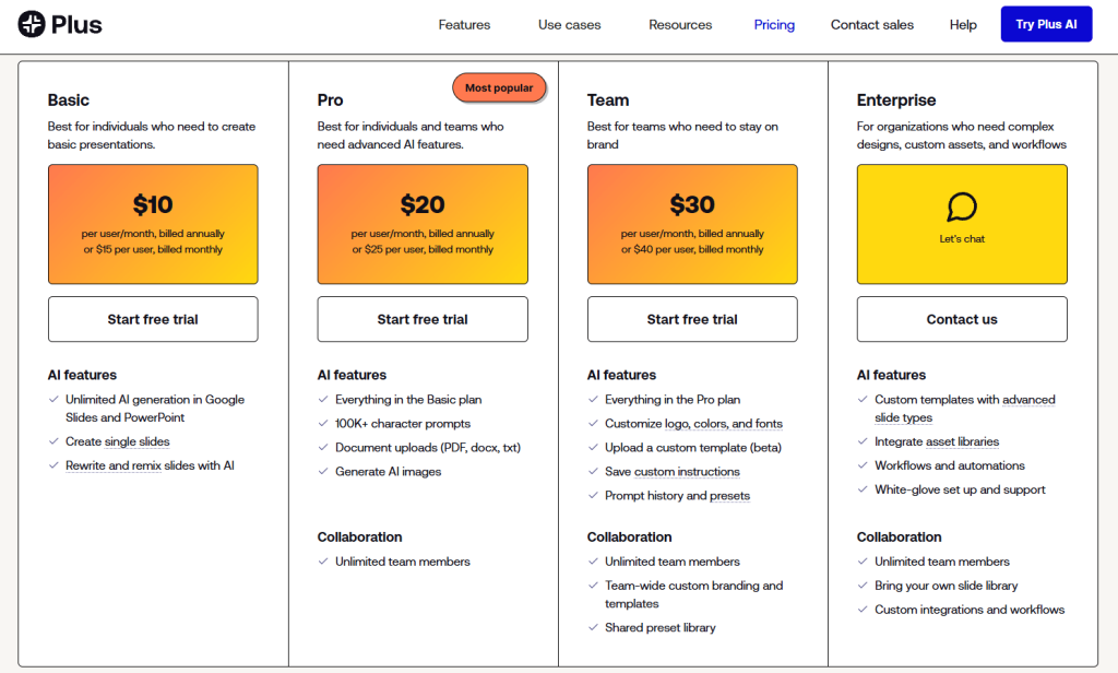 Plus AI pricing page