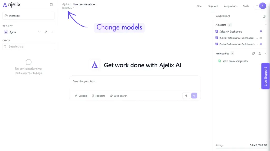 Screenshot with a dropdown to change LLM models in ajelix