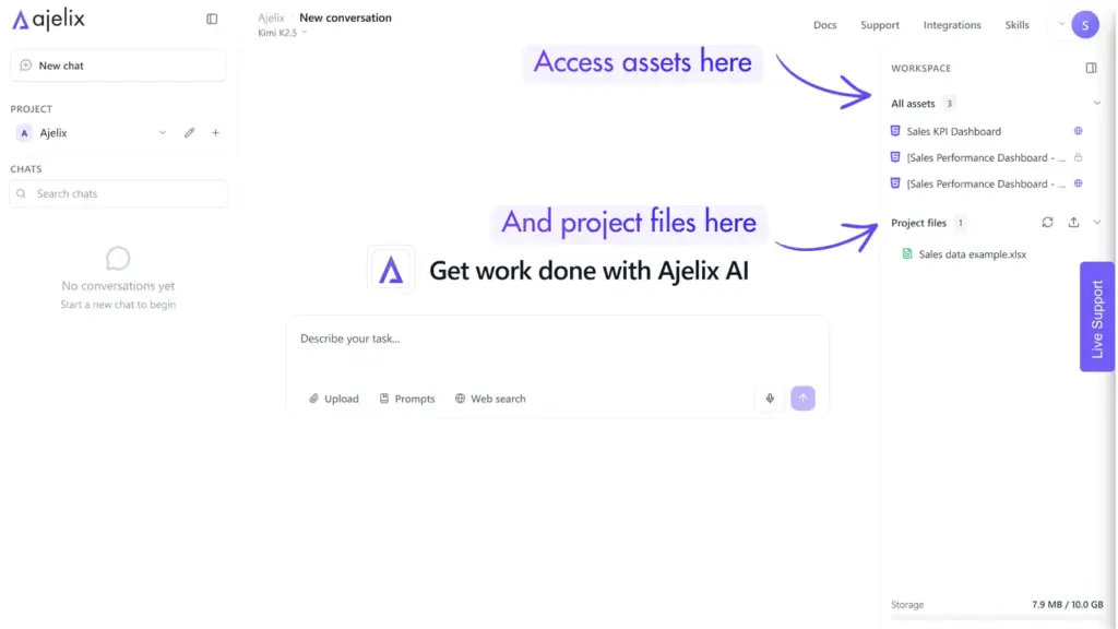 Screenshot with the interface and assets and project files