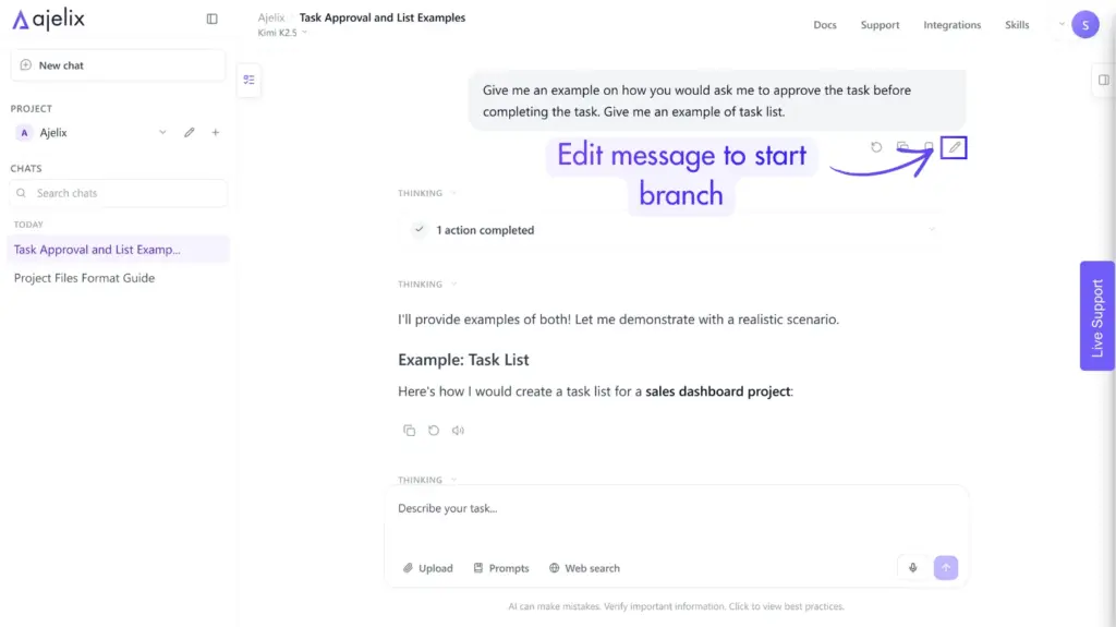 Screenshow on how to create a branch in a chat message in ajelix