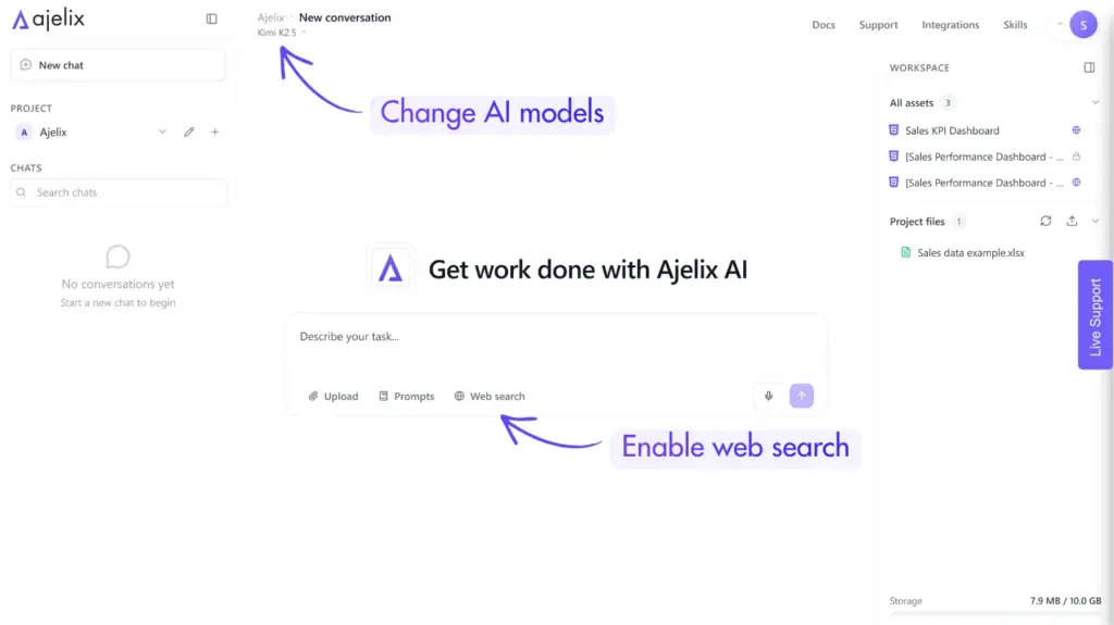 Web search and AI model selection in Ajelix