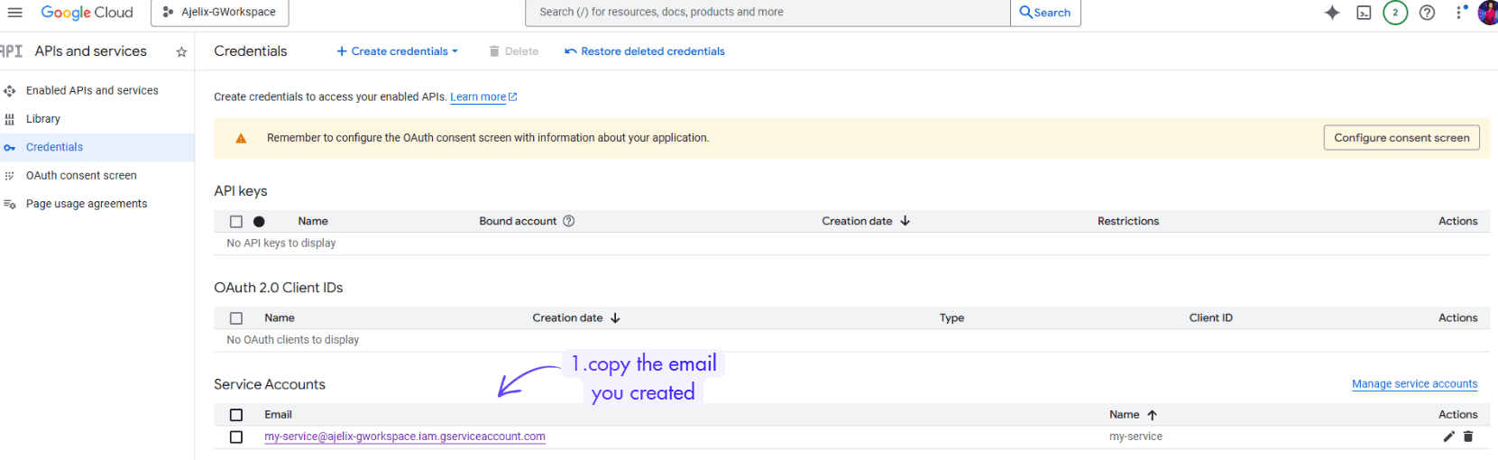 copy the service account email you created