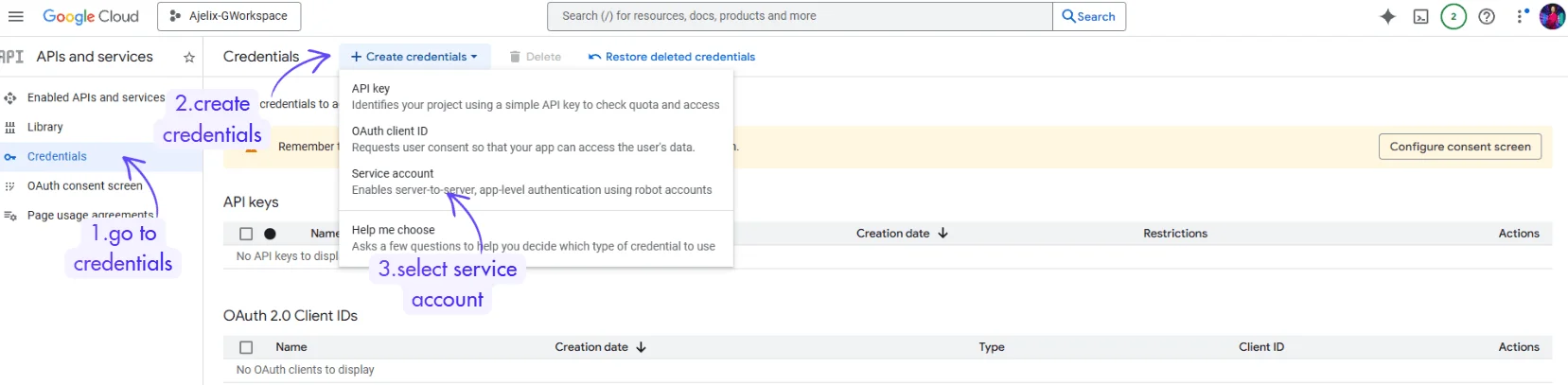 create service account in google console