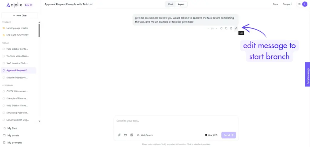 edit message to start a new branch in chat