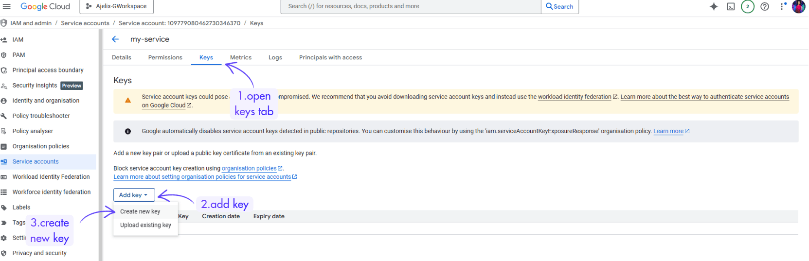 google console setup create new key