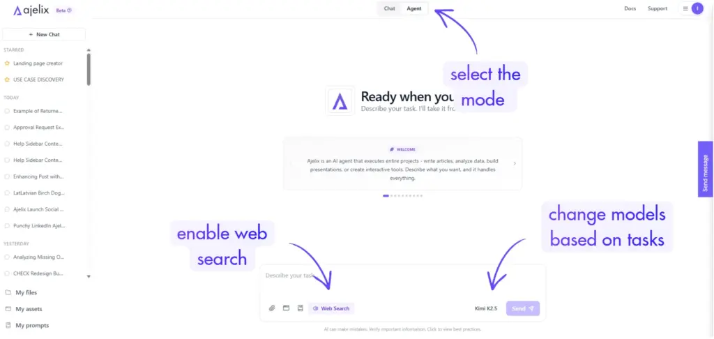 ai features web search, mode change and model changed listed in the interface