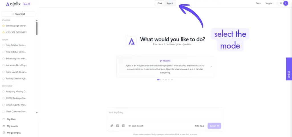 select chat mode before chatting ajelix agentic vs chat mode