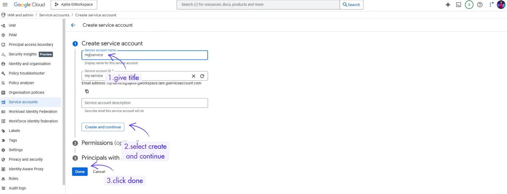 fill out settings for service account in google console