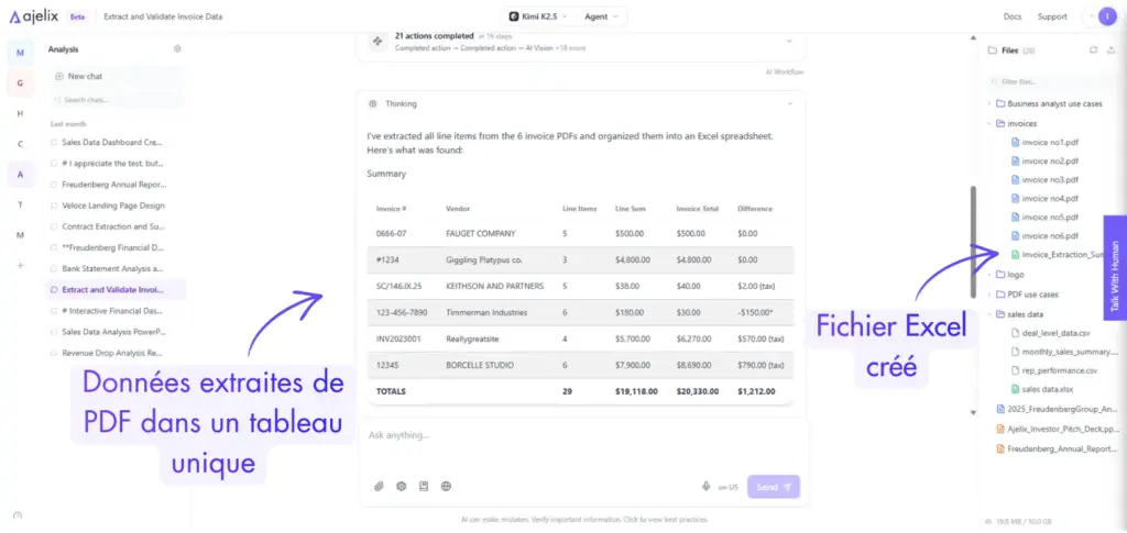 Convertir PDF en Excel avec l’IA : extraire les données de plusieurs factures PDF et les regrouper dans un seul tableau Excel.
