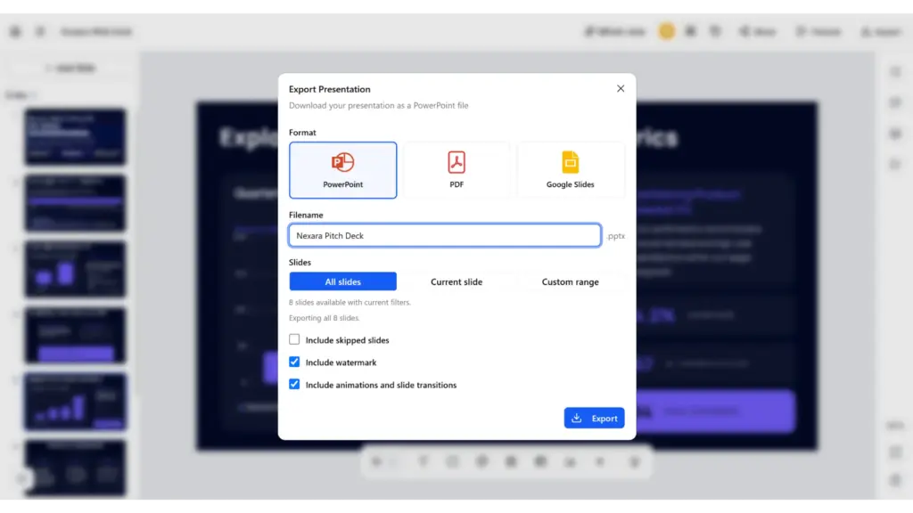 SlidesAI export options - best ai for presentation
