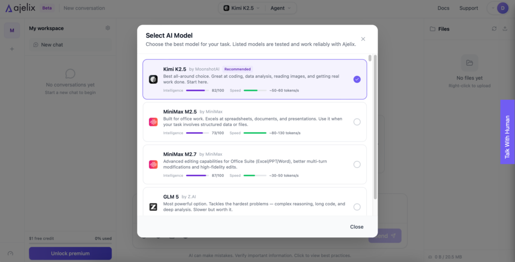 Screenshot: Select Ajelix agent