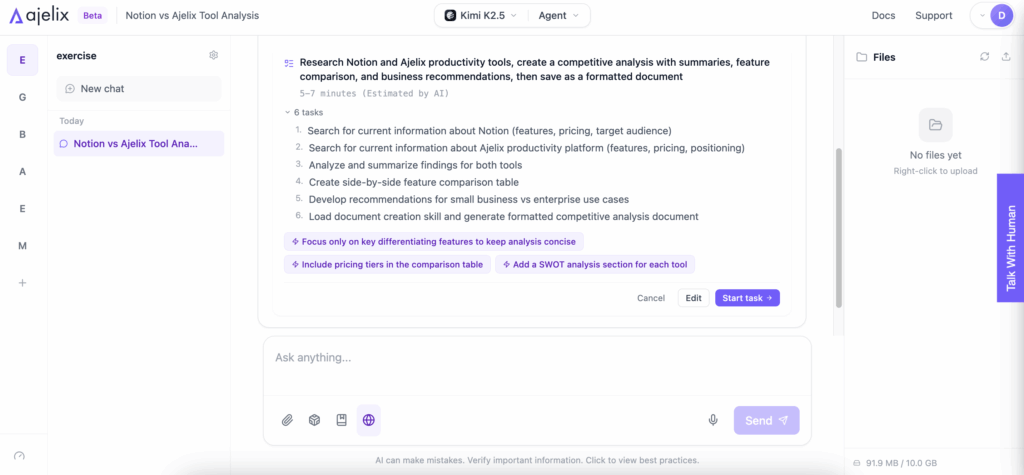 Screenshot: Ajelix's work plan.