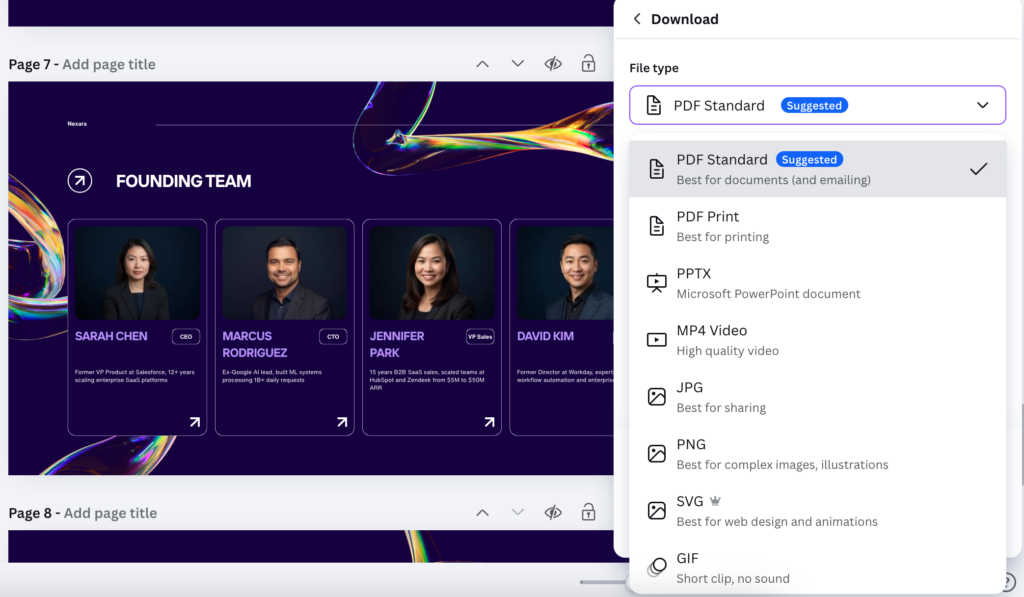 Screenshot: Canva's export options