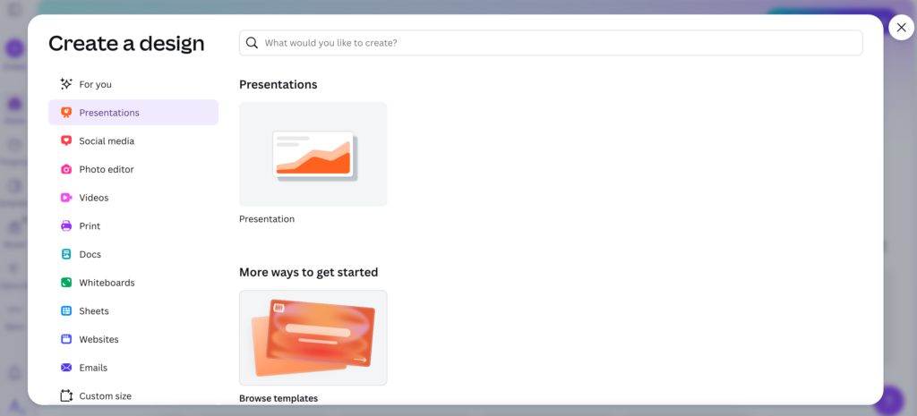 Screenshot: Canva's starting point