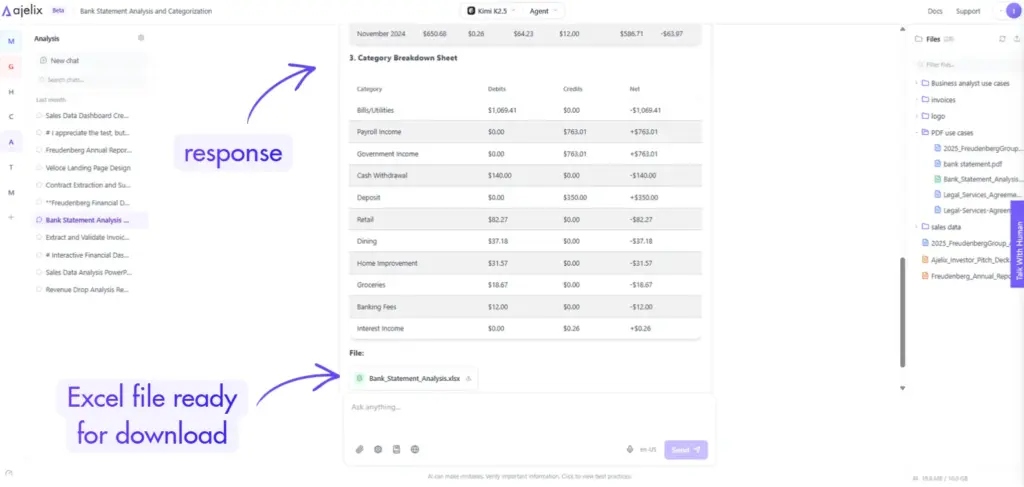 categorized excel file from bank statement data