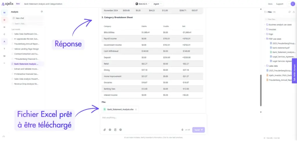 Convertir PDF en Excel avec l’IA : fichier Excel contenant les transactions bancaires classées par catégorie.