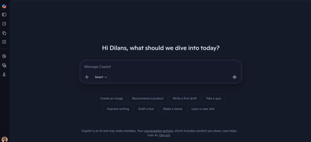 Screenshot: Copilot's starting chat
