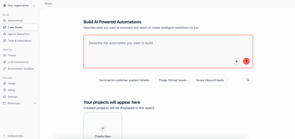 Screenshot: CrewAI's Workspace.