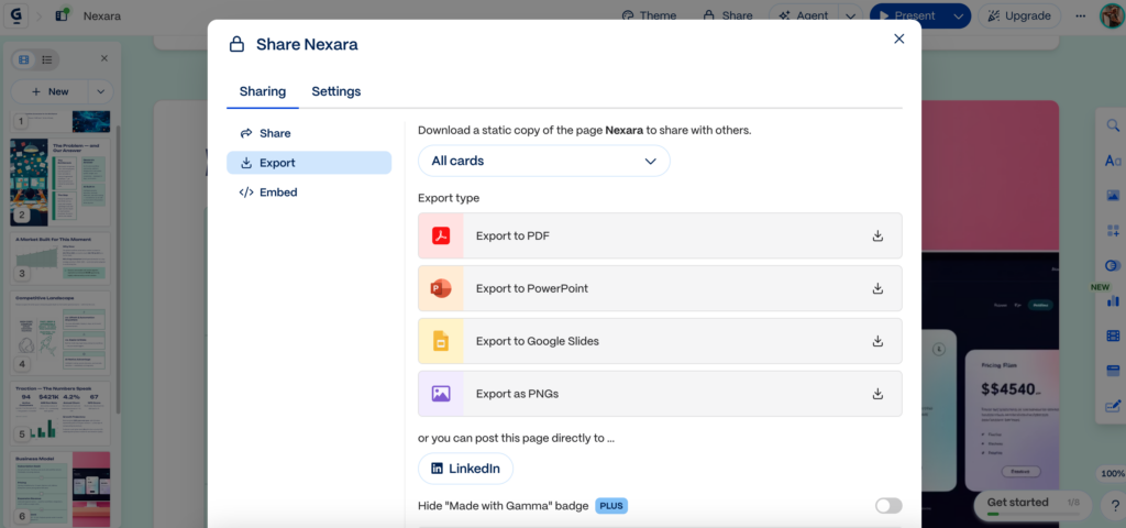 Screenshot: Gamma's export options