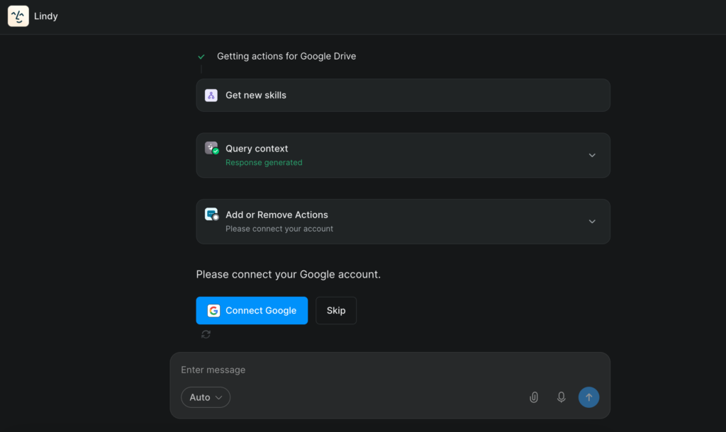 Screenshot: Lindy asking to connect Google