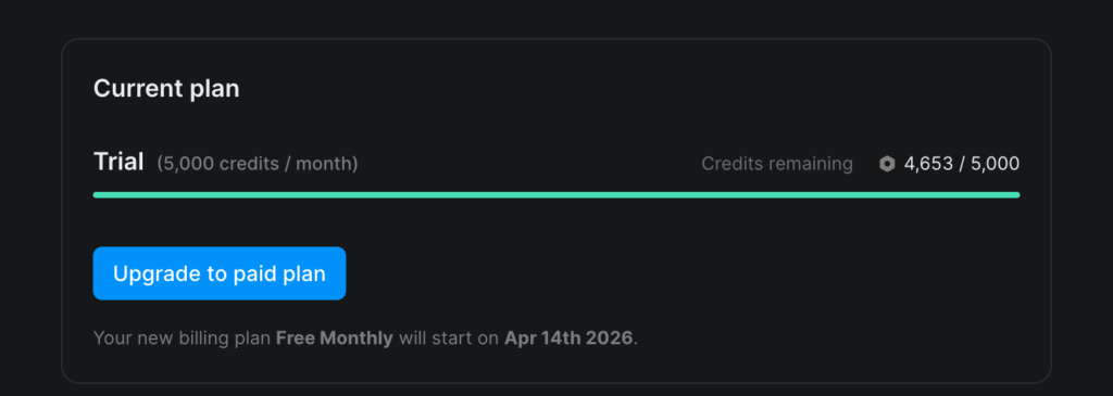 Screenshot: Lindy's credits used up