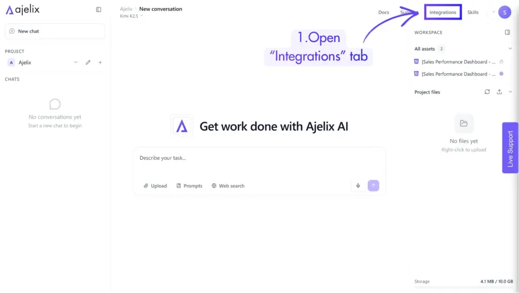 How to navigate to Integration tab in Ajelix Chat