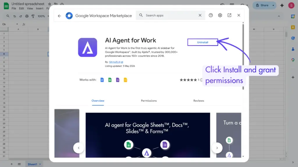 Click Install and grant permissions Google Workspace