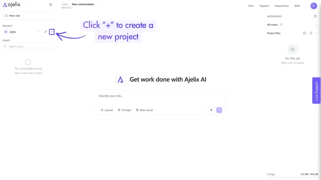 Click + to create a new Ajelix project