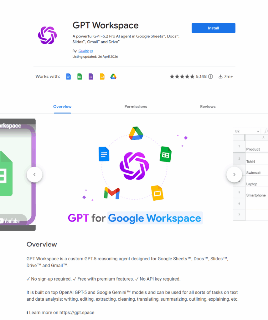 GPT Workspace by Qualtir google sheets add-on