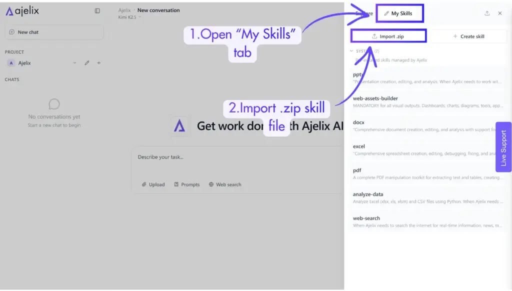 How to import .zip file skill into Ajelix