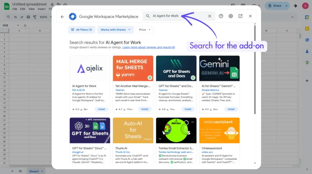 Search for add-on by name in Google Workspace