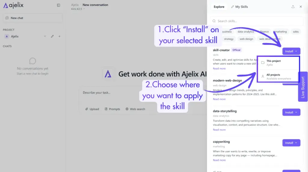 Choose skills from the Ajelix library