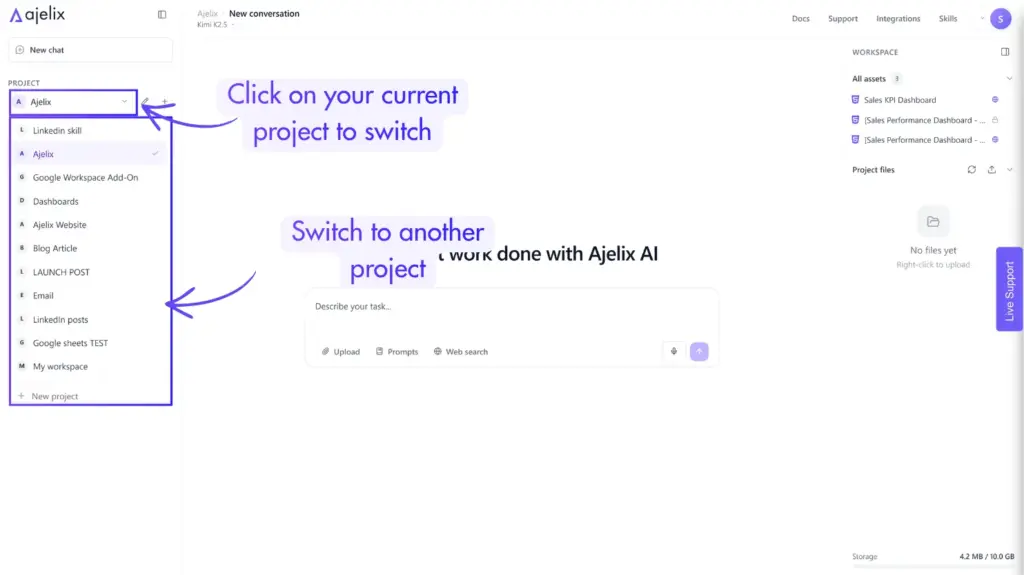 How to switch between projects in Ajelix