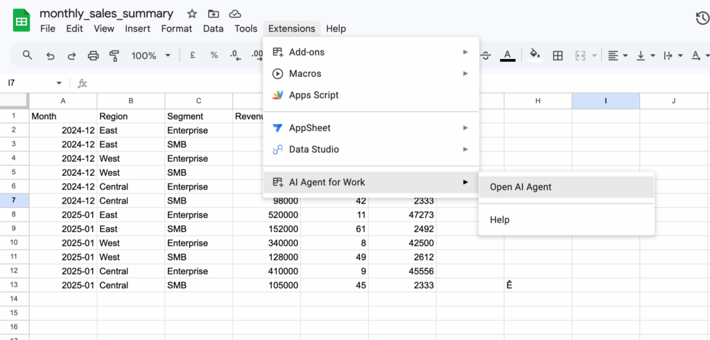 Screenshot: Ajelix agent inside Google Sheets