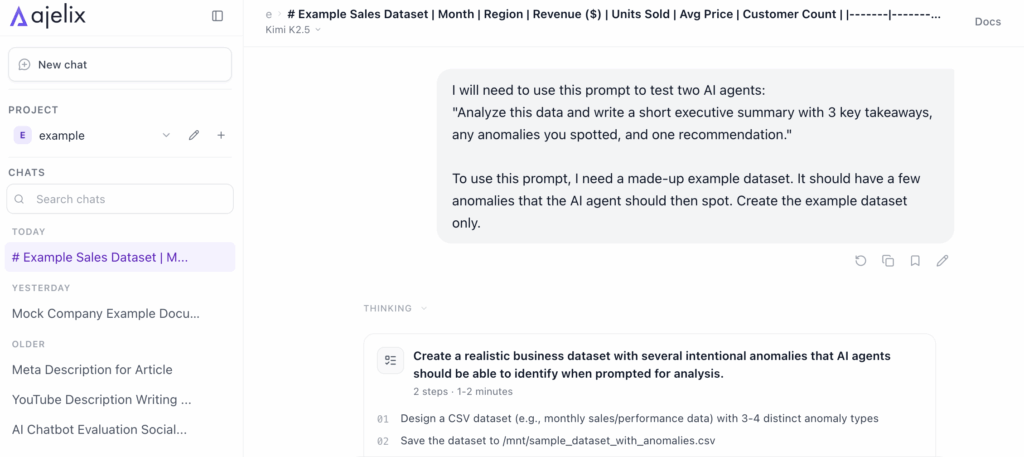 Screenshot: Ajelix example data prompt