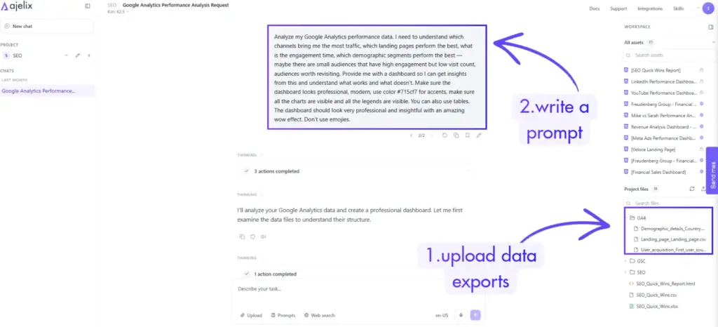 input prompt for ajelix chat to analyze data google analytics 4 exports