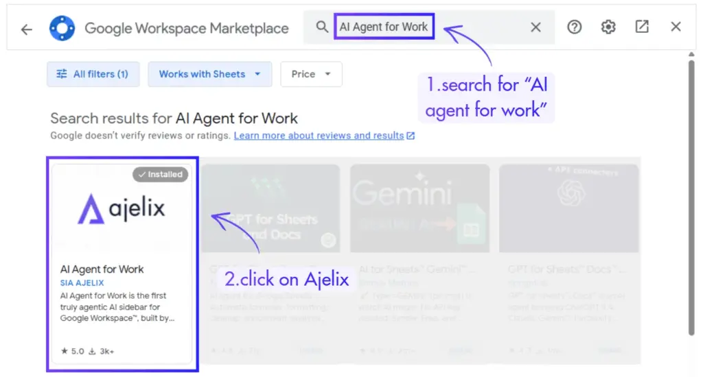 search for ajelix ai agent for work in google workspace