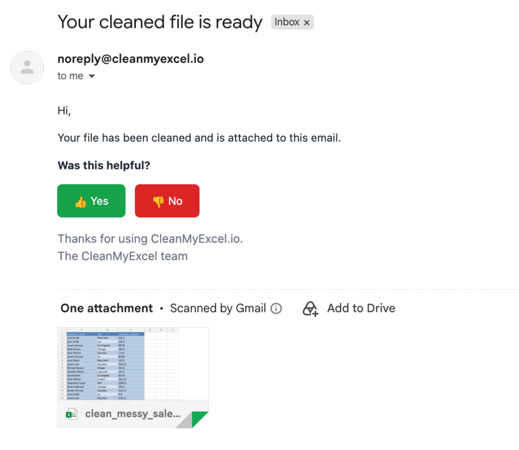Cleanmyexcel test email