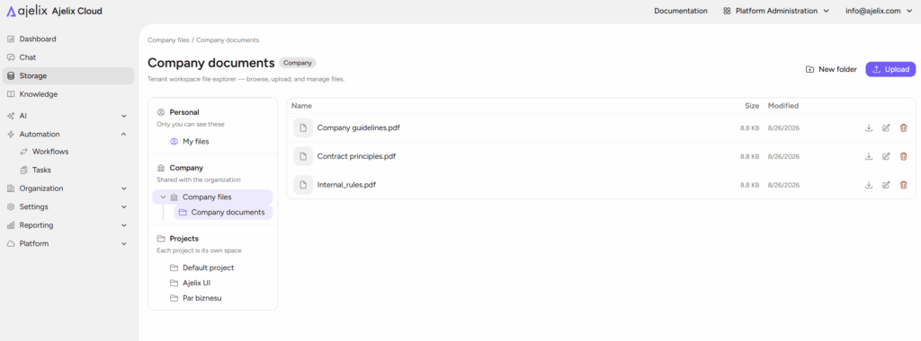 Screenshot: Ajelix Enterprise storage